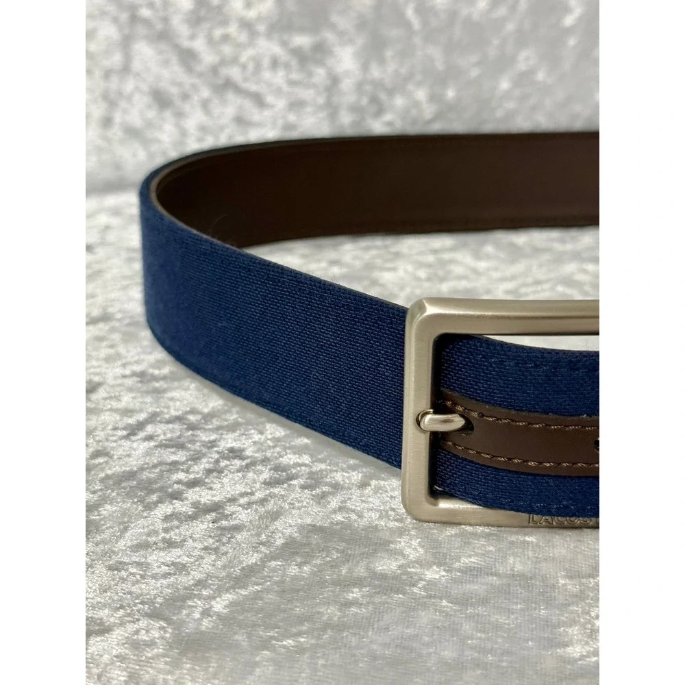 Lacoste Mens Reversible Belt Navy  Canvas Brown Leather Silver Buckle Logo Sz 32